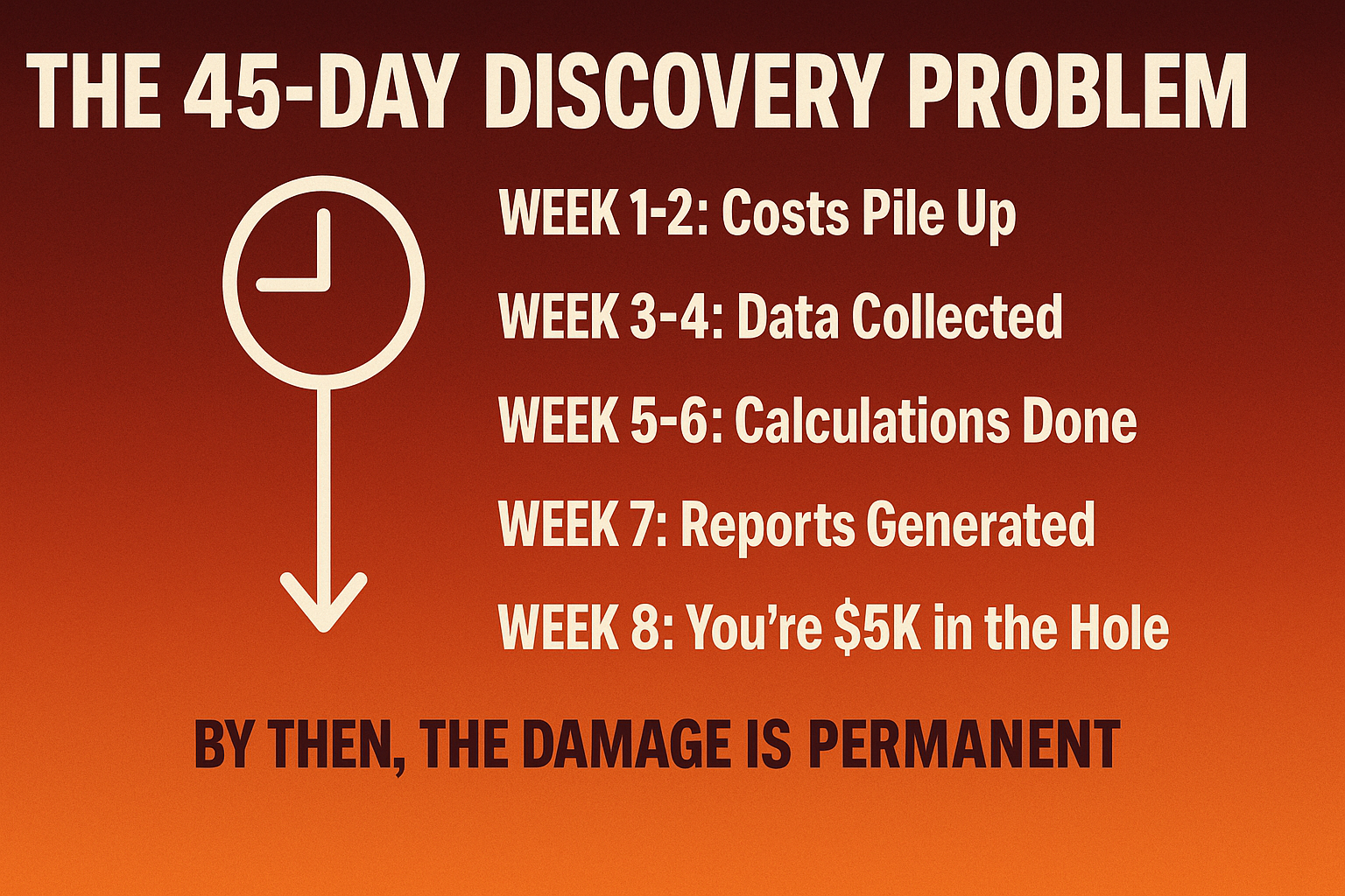 "Construction project loss discovery timeline showing 45-day delay from cost accumulation to problem identification - Week by week breakdown of why contractors find out about losses too late - ProjectWatchPRO educational infographic"