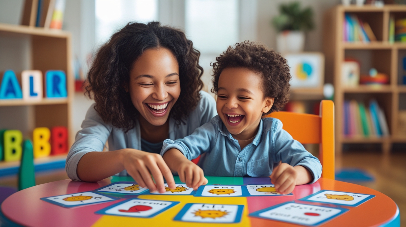 mother and son laughing 