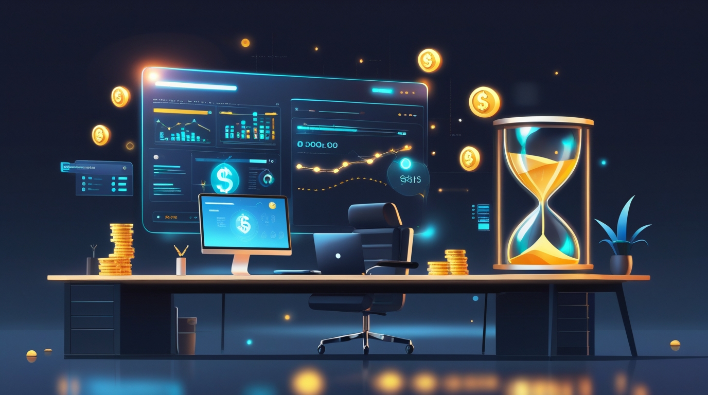 A sleek office scene where glowing holographic dashboards and AI-inspired graphics float above desks