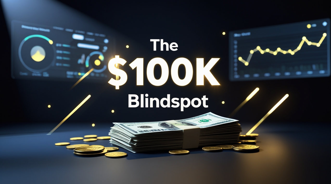  A stack of cash partly hidden in shadows represents the ‘blindspot,’ while glowing holographic dashboards and digital graphs hover faintly in the background.