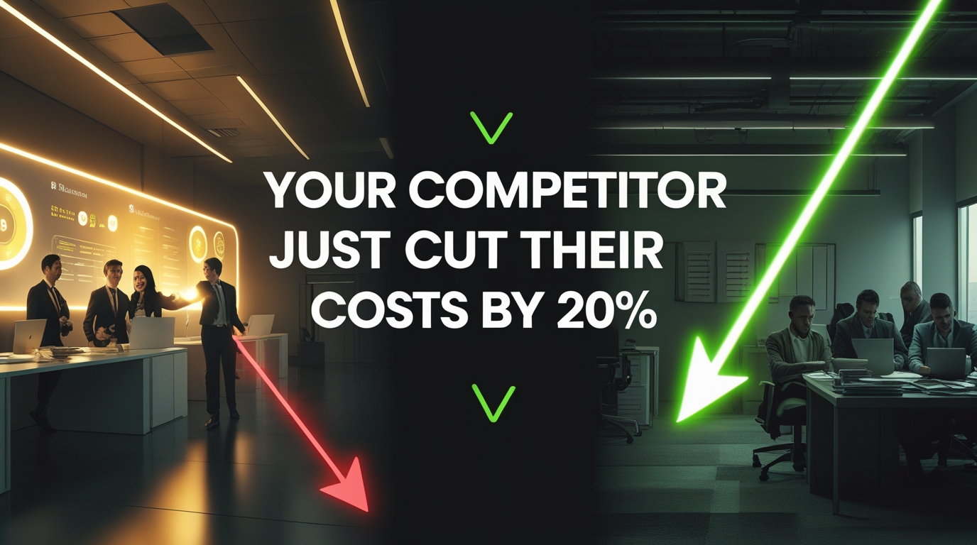 Centered at the top: bold, modern sans-serif text in glowing white with subtle green accents — ‘Your Competitor Just Cut Their Costs by 20%’. 