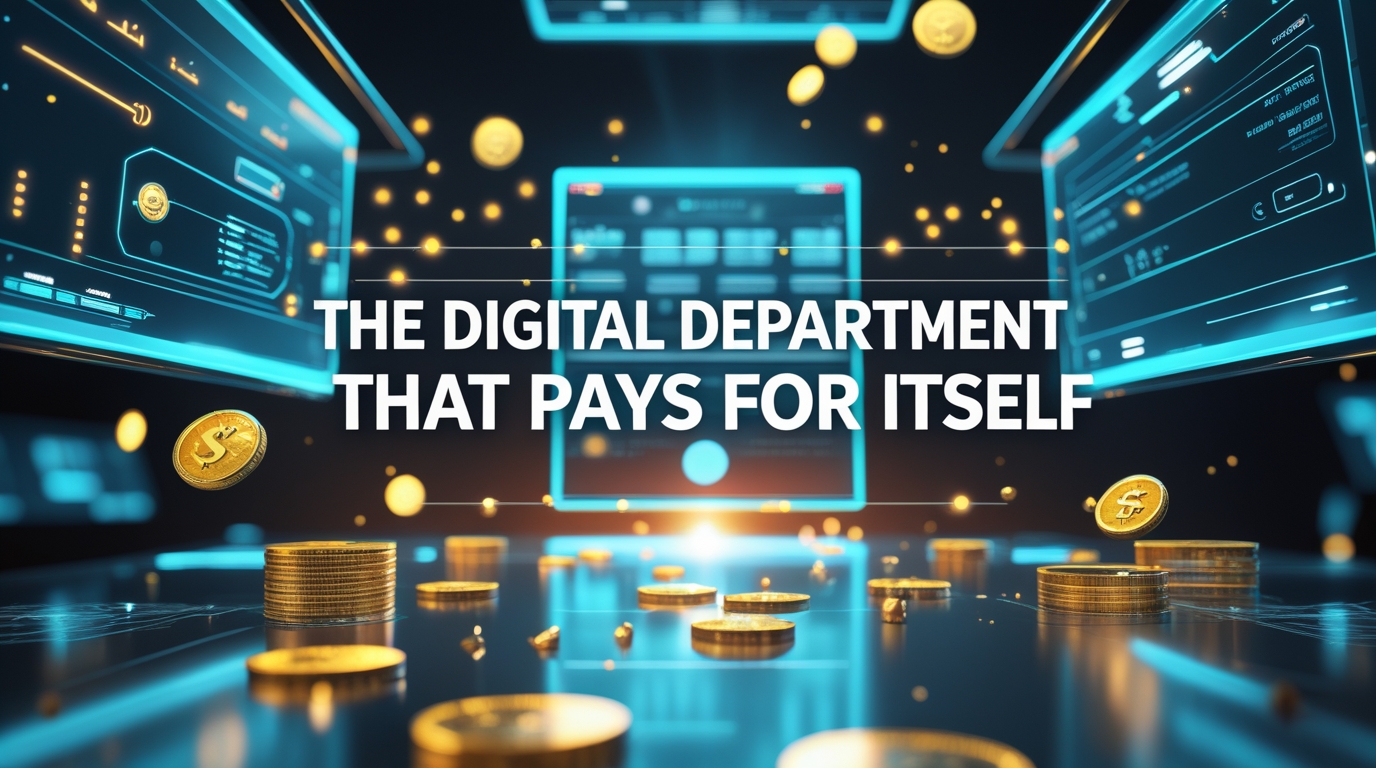  sleek digital office made of glowing holographic desks and dashboards floating in mid-air, representing a digital department. 