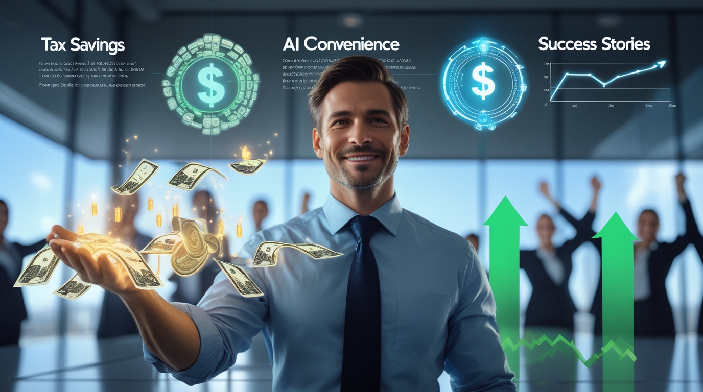 A modern office scene with a confident business owner in the foreground, looking relieved and empowered. Behind them, glowing holographic visuals show four symbolic elements blending together: Tax savings: glowing dollar streams or documents transforming into cash AI convenience: holographic digital assistant or futuristic interface handling tasks Payroll ROI: paychecks morphing into upward-trending green charts Success stories: team of employees celebrating, with rising business graphs in the background The overall composition should feel professional, futuristic, and inspiring, symbolizing transformation from stress to growth. A modern office scene with a confident business owner in the foreground, looking relieved and empowered. Behind them, glowing holographic visuals show four symbolic elements blending together: Tax savings: glowing dollar streams or documents transforming into cash AI convenience: holographic digital assistant or futuristic interface handling tasks Payroll ROI: paychecks morphing into upward-trending green charts Success stories: team of employees celebrating, with rising business graphs in the background The overall composition should feel professional, futuristic, and inspiring, symbolizing transformation from stress to growth.