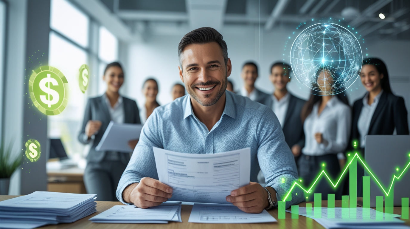  a confident business owner smiles while reviewing documents