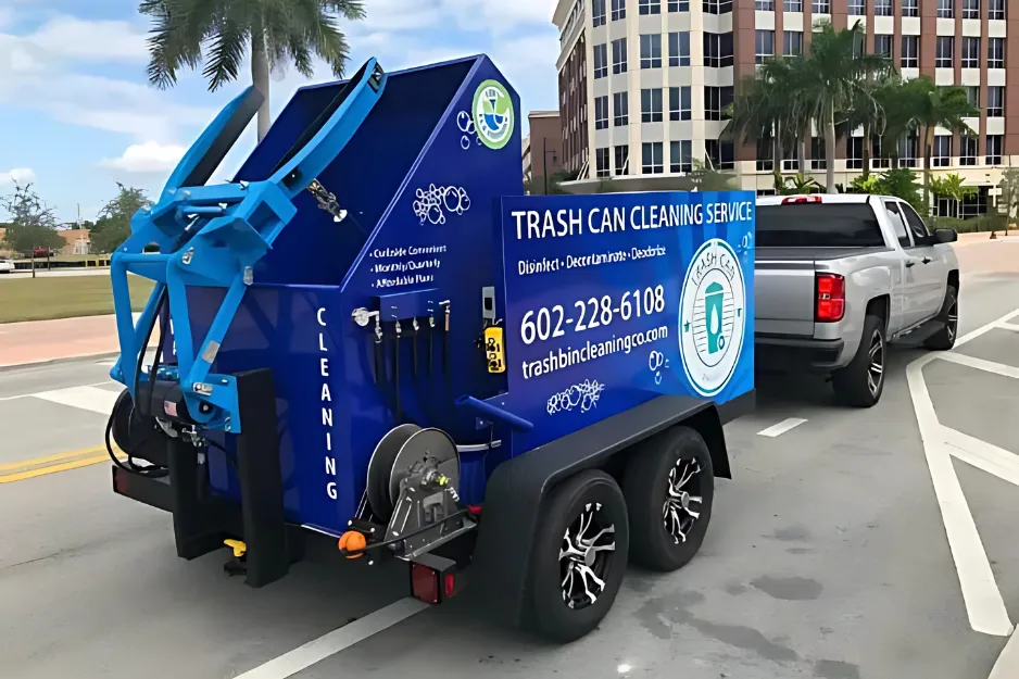 Cleaning service trailer used for cleaning trash cans on the go Cleaning service trailer used for cleaning trash cans on the go