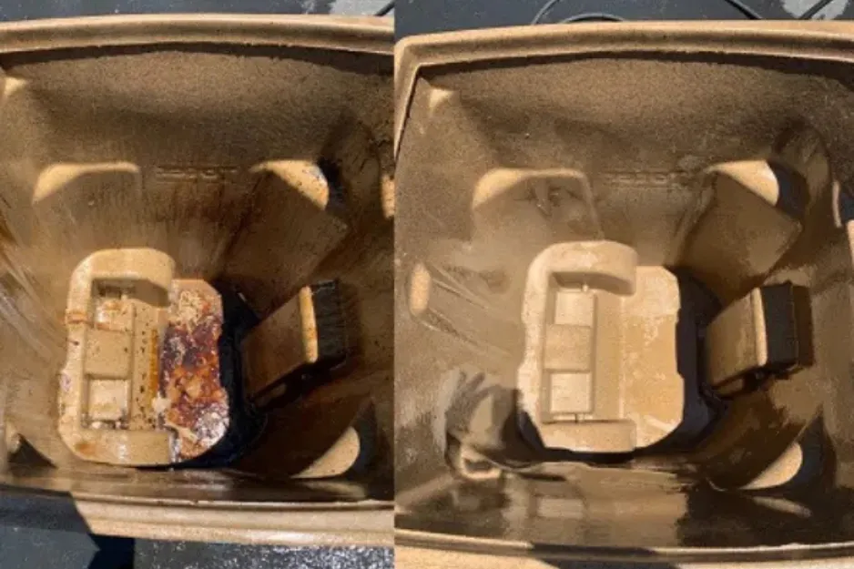 Before and after of a cleaned trash bin, showing a significant difference Before and after of a cleaned trash bin, showing a significant difference
