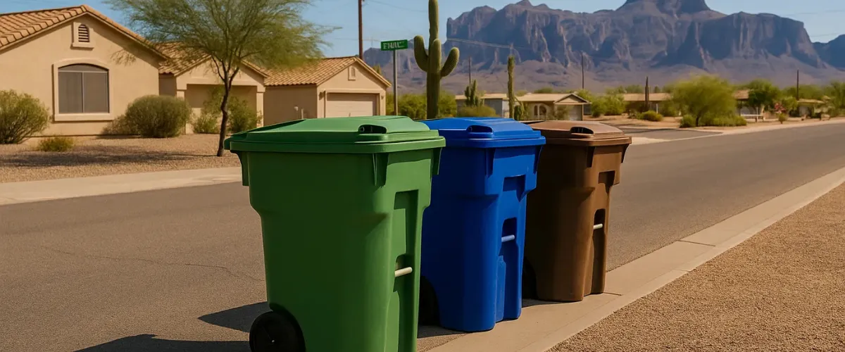 Three residential trash bins — green, blue, and brown — on a curb in Apache Junction, Arizona, with desert homes and mountains in the background 