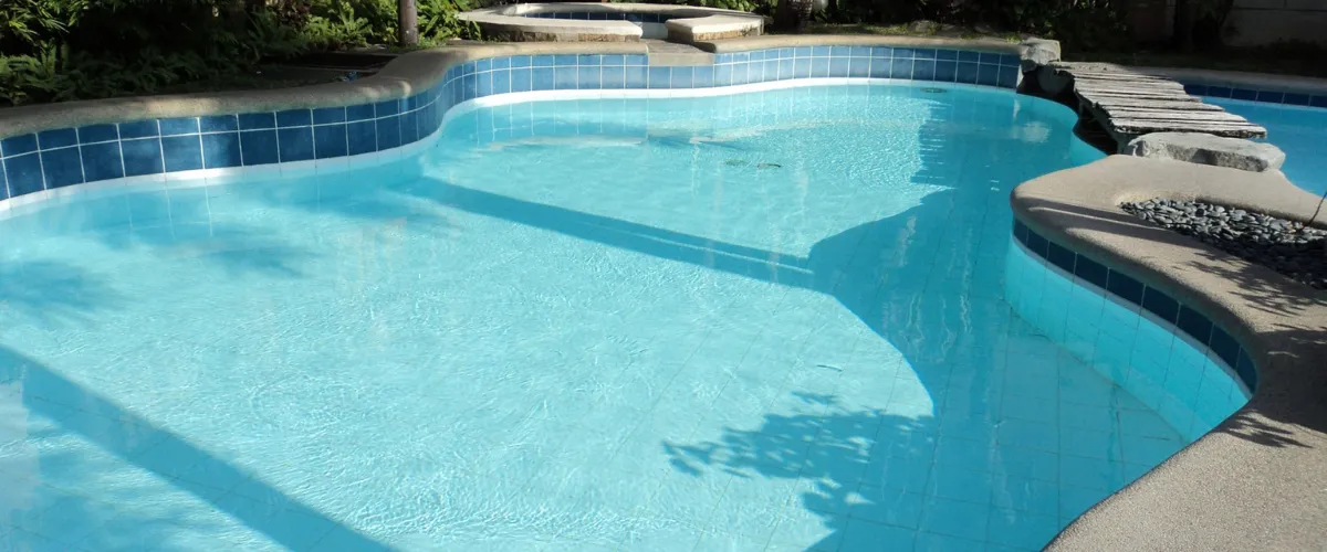 Clean outdoor curved swimming pool with blue tile border