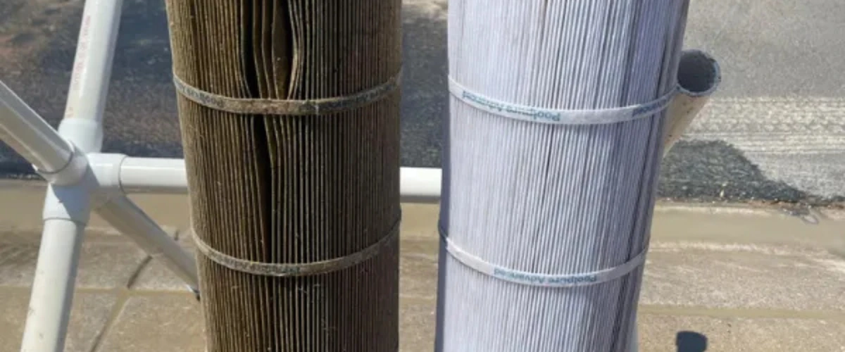 Comparison of dirty and clean pool filters after service in Foothills Village AZ. Comparison of dirty and clean pool filters after service in Foothills Village AZ.