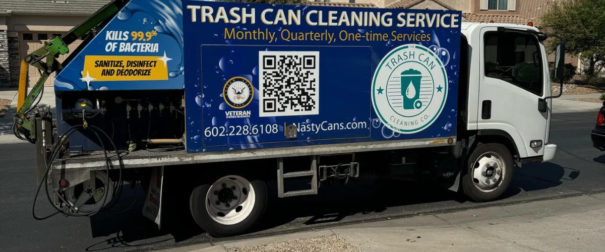 Trash can cleaning service truck with full wrap advertising sanitizing and deodorizing services Trash can cleaning service truck with full wrap advertising sanitizing and deodorizing services