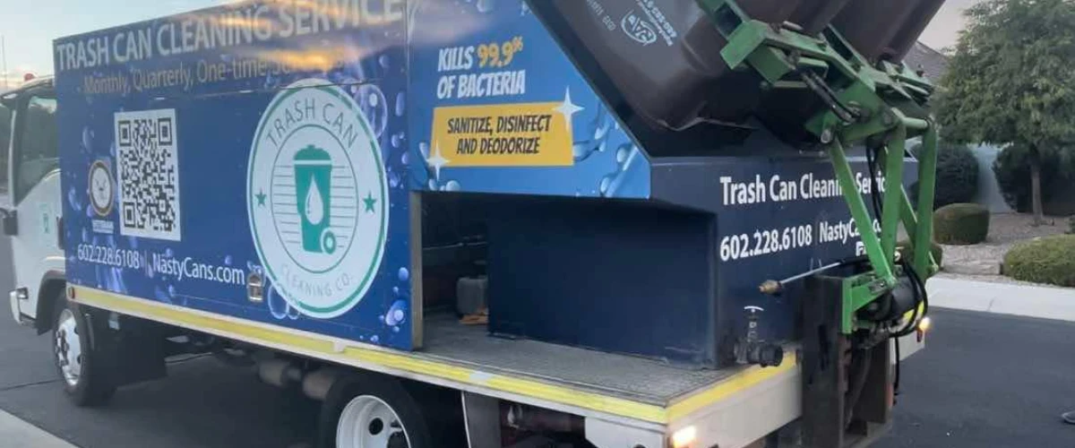 Trash can cleaning truck lifting bin for interior washing and sanitizing Trash can cleaning truck lifting bin for interior washing and sanitizing