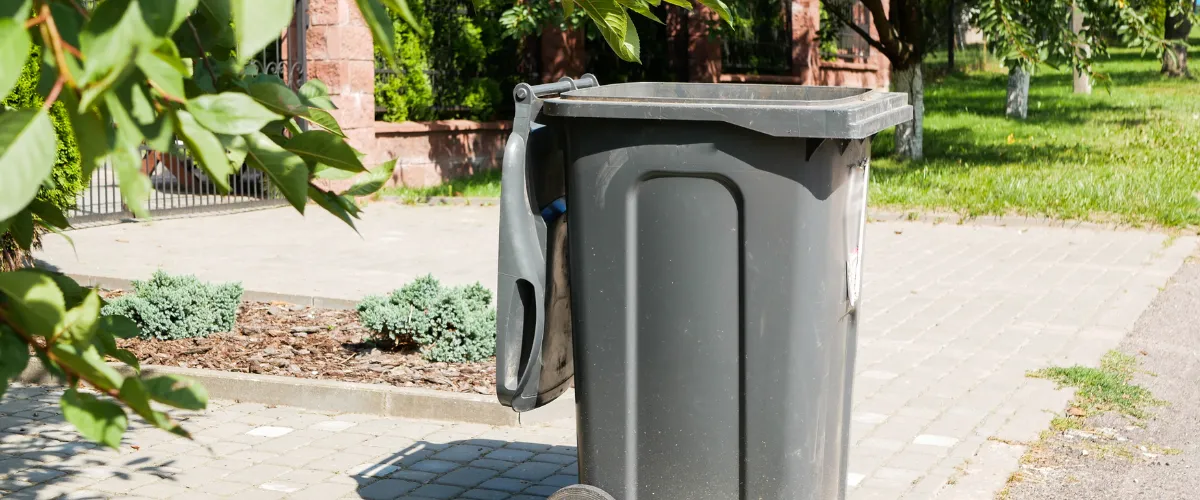 Grey residential waste bin positioned on a sidewalk near a landscaped yard.” Grey residential waste bin positioned on a sidewalk near a landscaped yard.”