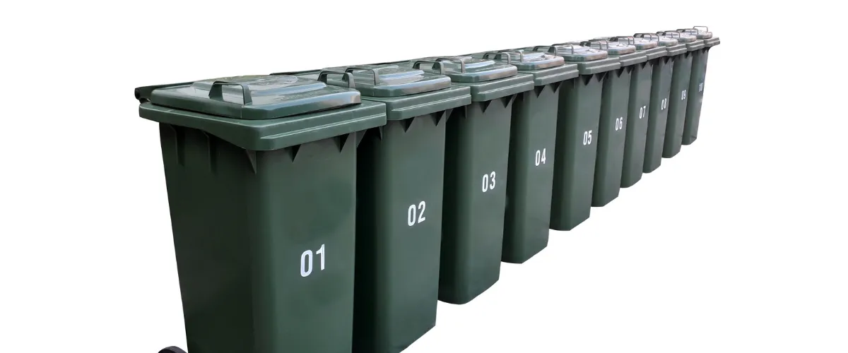 Multiple green trash bins numbered 01 to 10 arranged in a neat row on a white background.