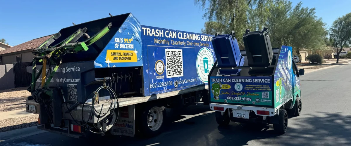 Trash can cleaning service fleet with multiple branded trucks Trash can cleaning service fleet with multiple branded trucks