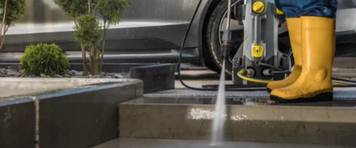 Close-up of pressure washing concrete surface removing grime and buildup