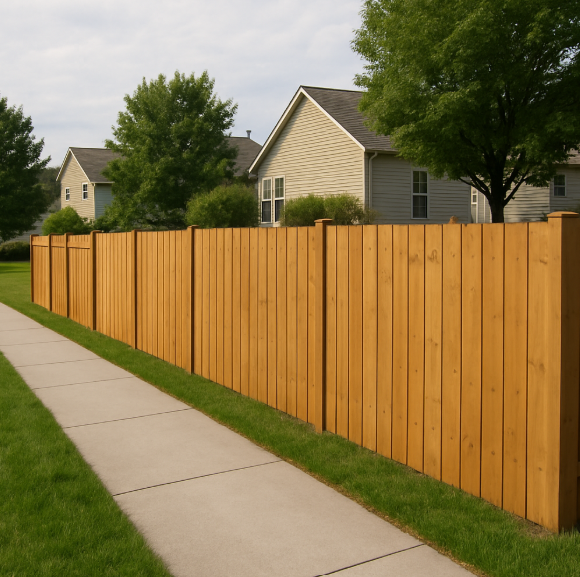 Wood privacy fence along a sidewalk outside a Southern Wisconsin home Wood privacy fence along a sidewalk outside a Southern Wisconsin home
