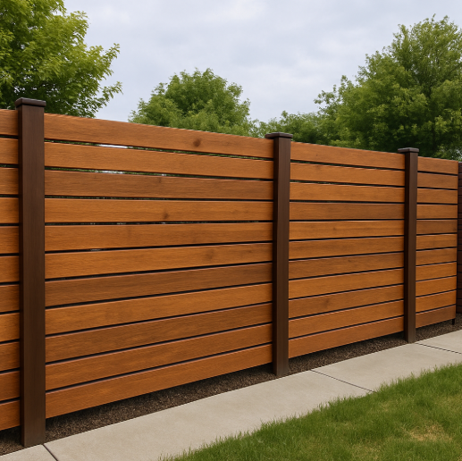Modern horizontal wood fence design trending in Northern Illinois and Southern Wisconsin homes Modern horizontal wood fence design trending in Northern Illinois and Southern Wisconsin homes