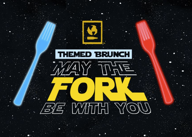 Promotional graphic for Star Wars-themed brunch event in Cypress, TX, featuring blue and red forks styled like lightsabers. Promotional graphic for Star Wars-themed brunch event in Cypress, TX, featuring blue and red forks styled like lightsabers.