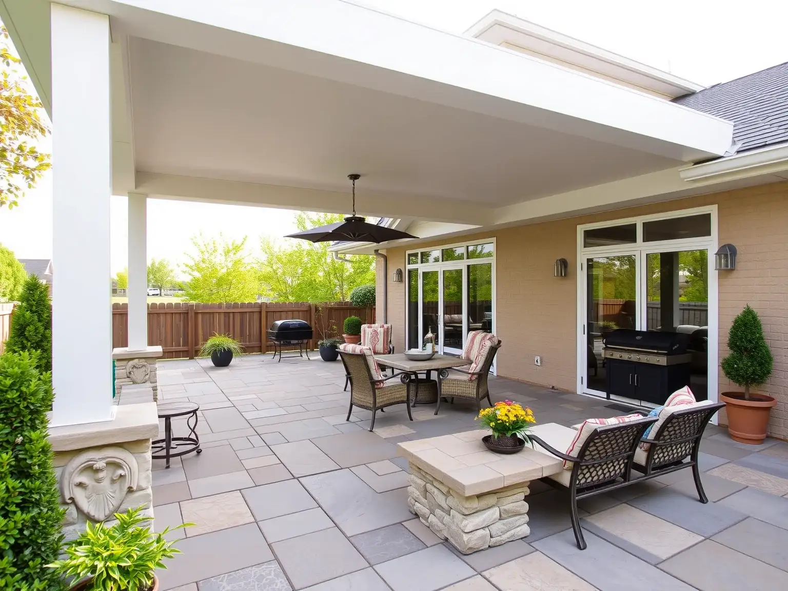 a remodeled outdoor patio with elegant furniture, a stone table, and lush greenery.