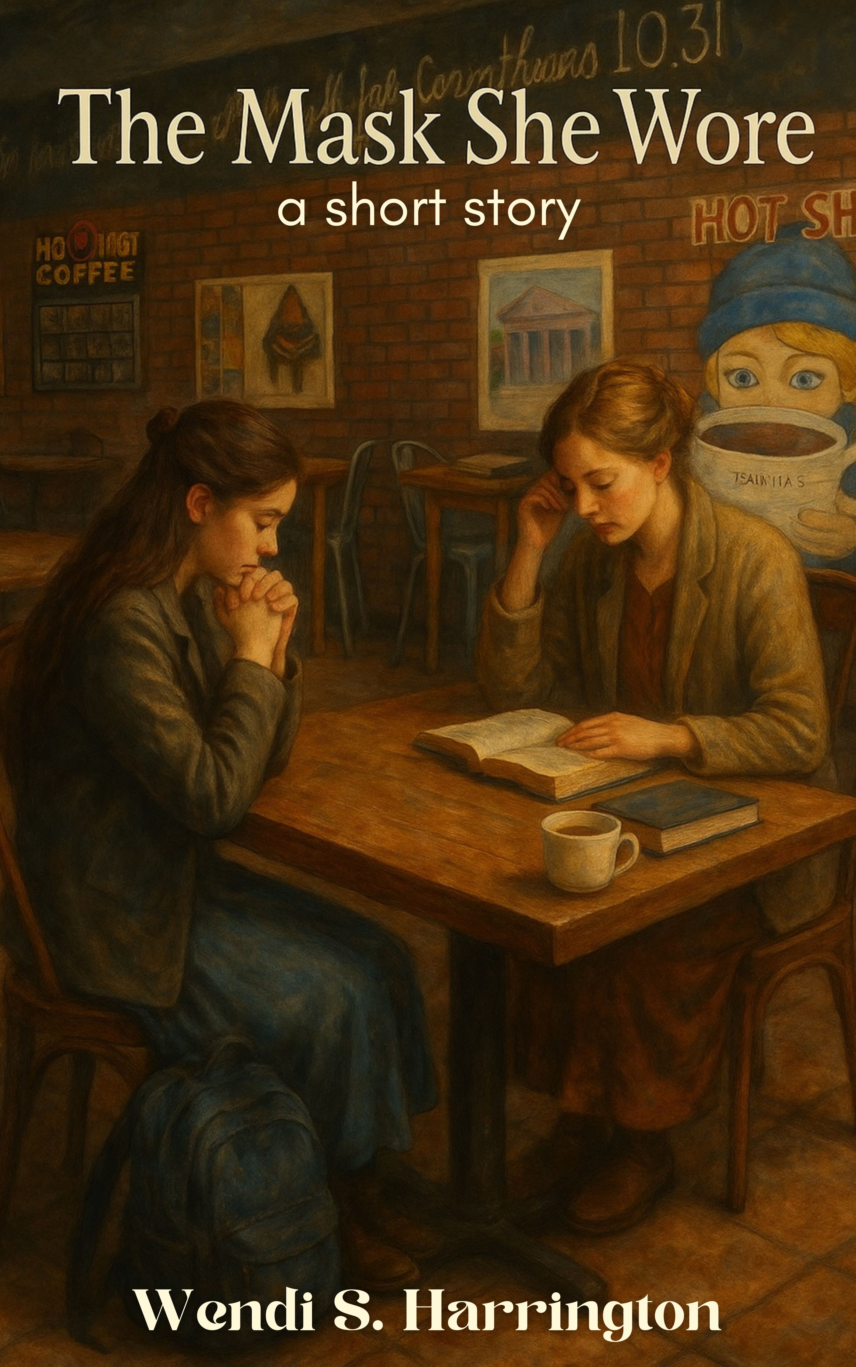 Two young Pentecostal women pray over their bibles in a coffee shop.