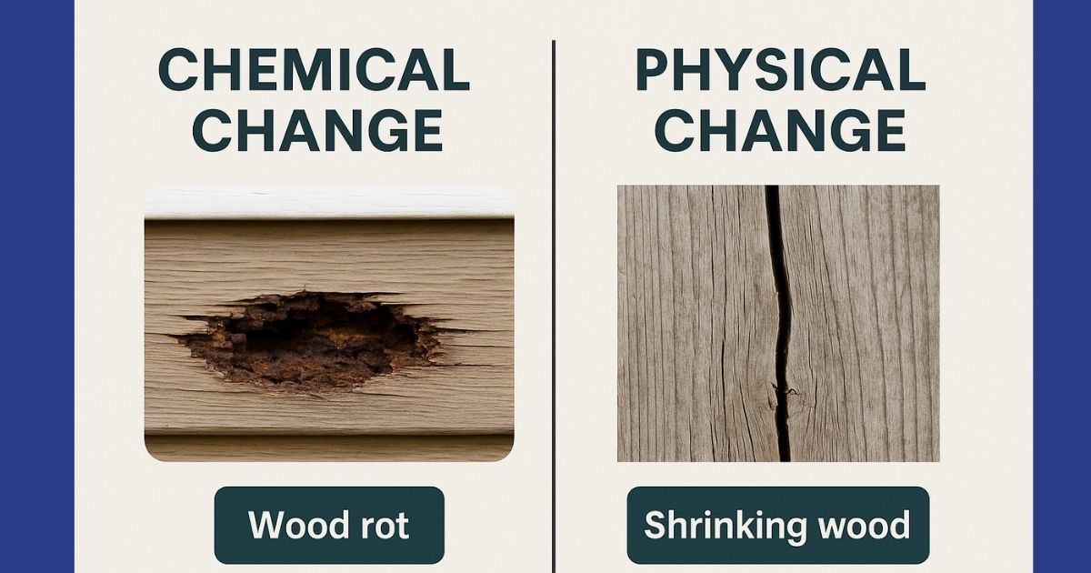 comparing rotting wood (chemical change) and shrinking wood (physical change) comparing rotting wood (chemical change) and shrinking wood (physical change)