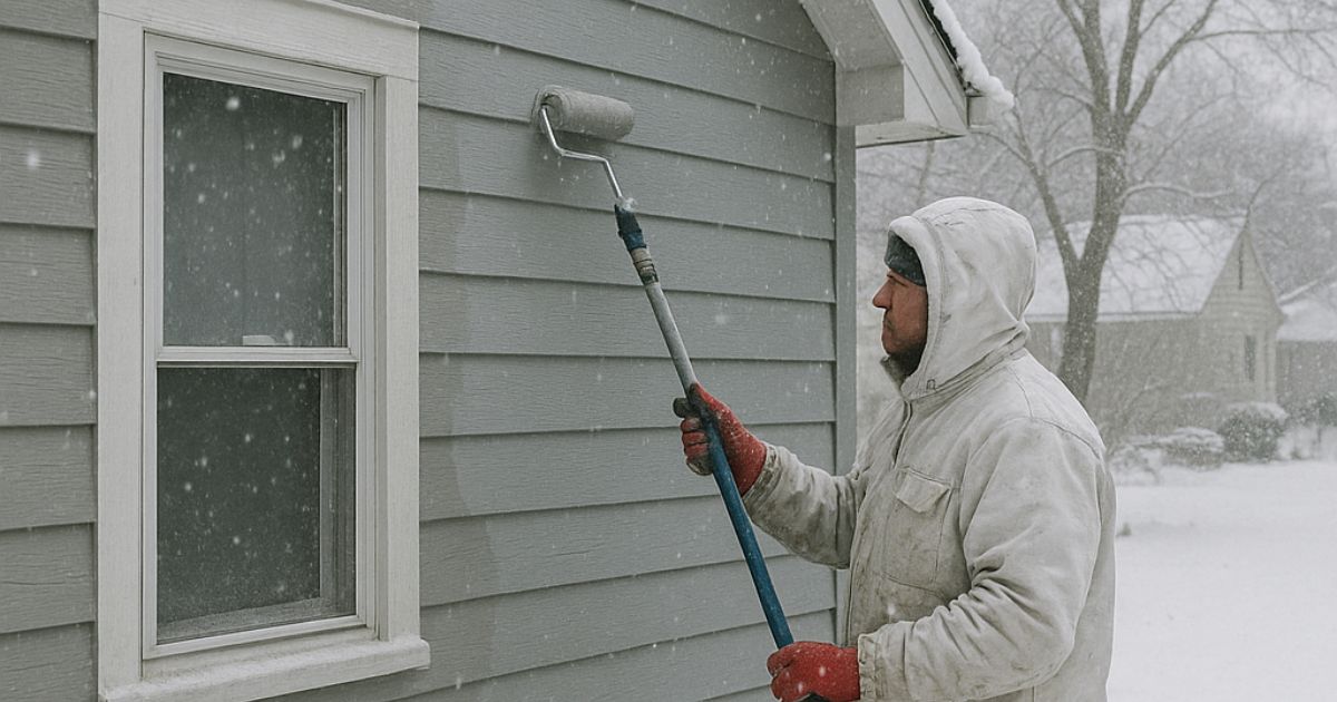 man painting outside in winter man painting outside in winter