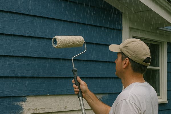 exterior-house-painting-blue-siding-with-roller-raining exterior-house-painting-blue-siding-with-roller-raining