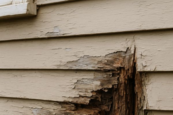 Severe wood rot on exterior house siding with peeling paint and structural damage