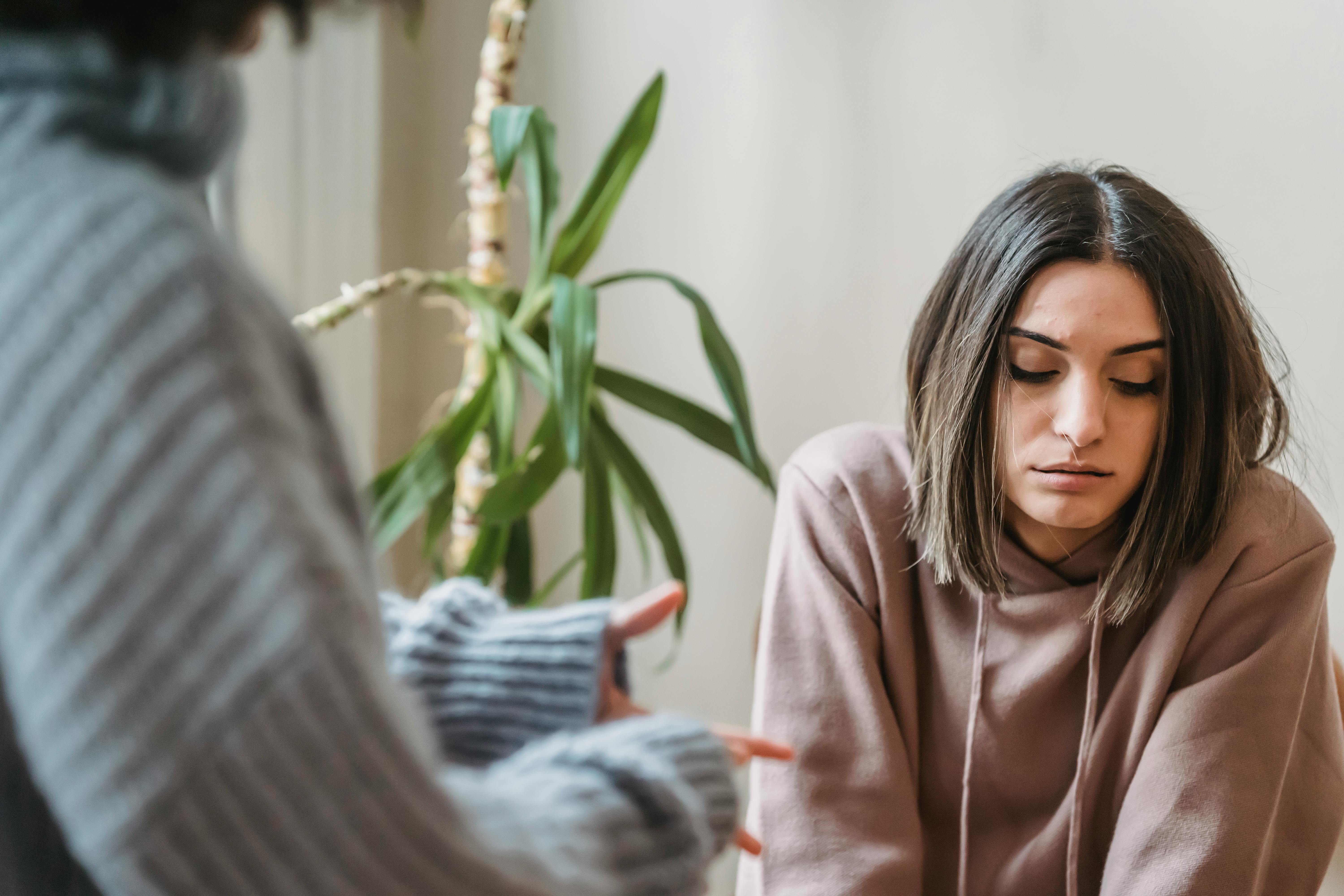 A young woman in a brown hoodie looks down with a sad expression while another person, partially visible in a gray sweater, gestures with their hands. The setting suggests a serious conversation or conflict, with an indoor plant in the background adding a natural element to the scene.