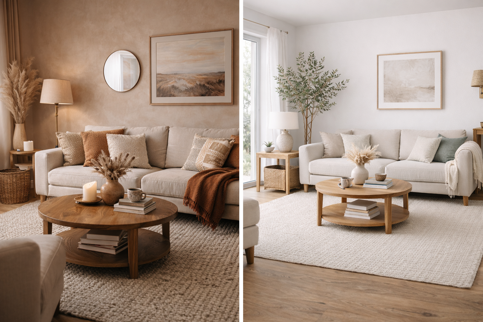 Side-by-side landscape comparison of two interior styles: one warm and textured with earthy tones and layered decor, and one light and minimalist with neutral colors, open space, and clean lines.