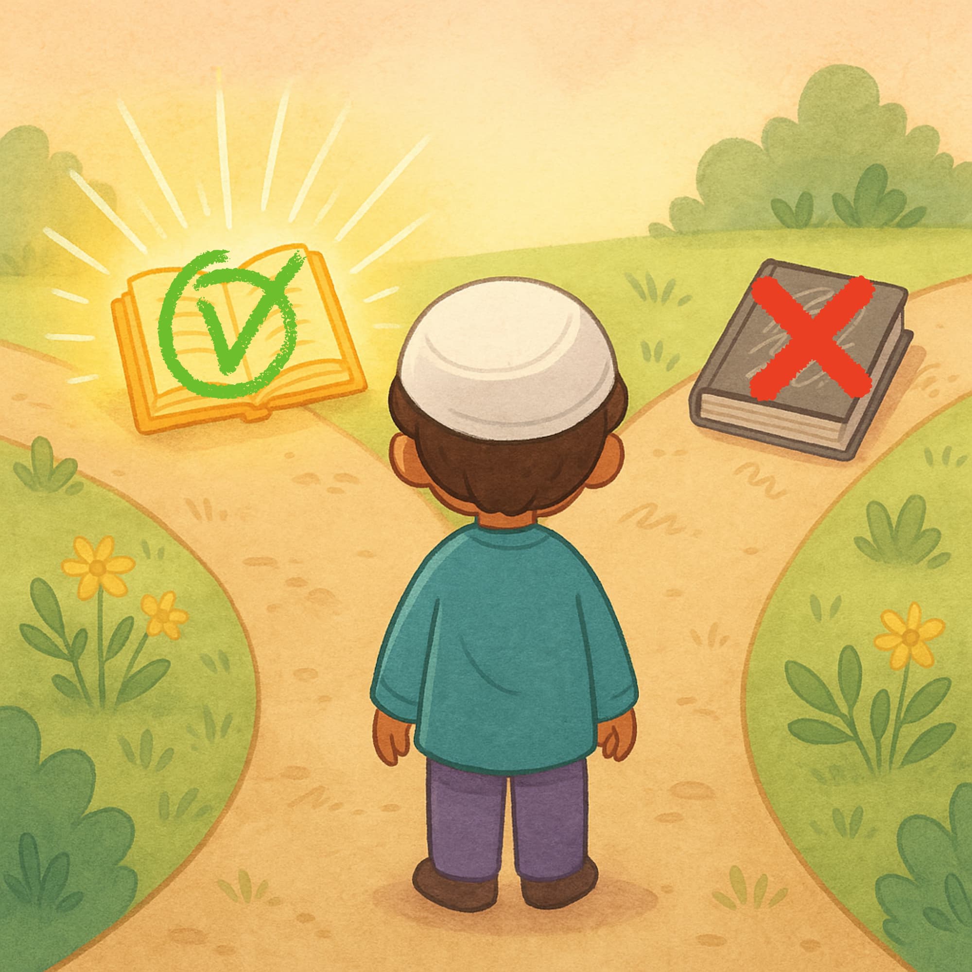 young muslim boy at cross roads with bag book on one side with cross through it and good book on the other side with a tick through it