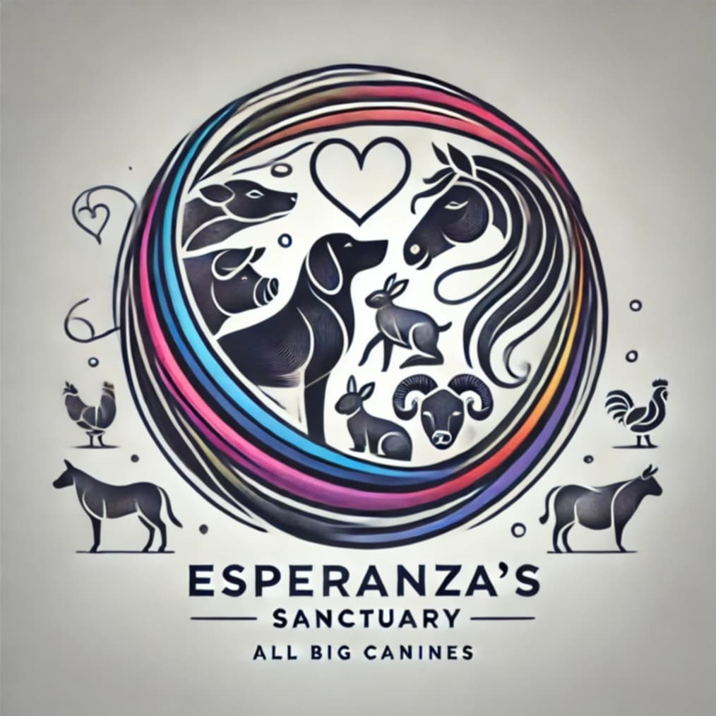 dog cat horse cow chicken pig sheep goat logo with rainbow circles hearts and text