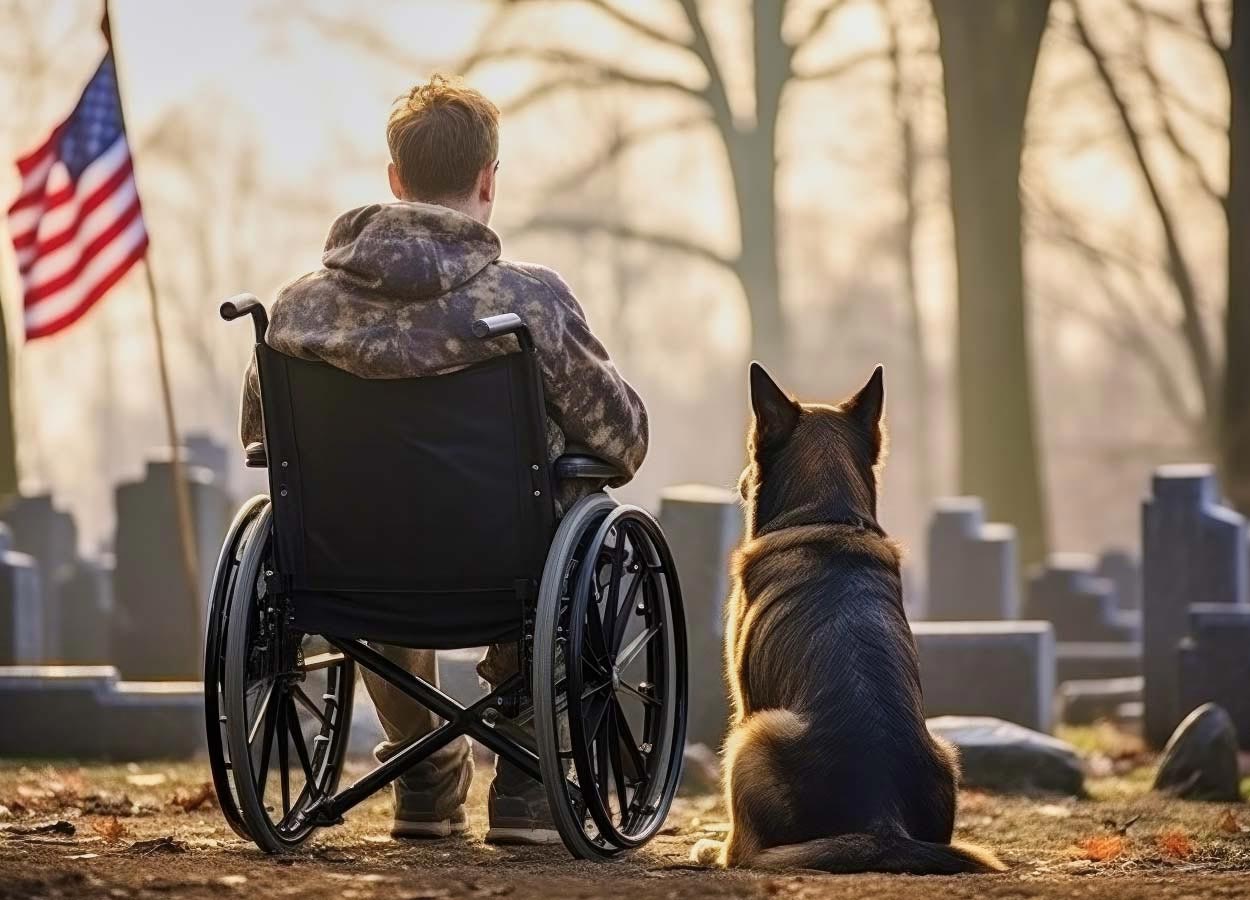 A man in a wheelchair with his dog sitting next to him in a cemetery looks at an American flag in the distance