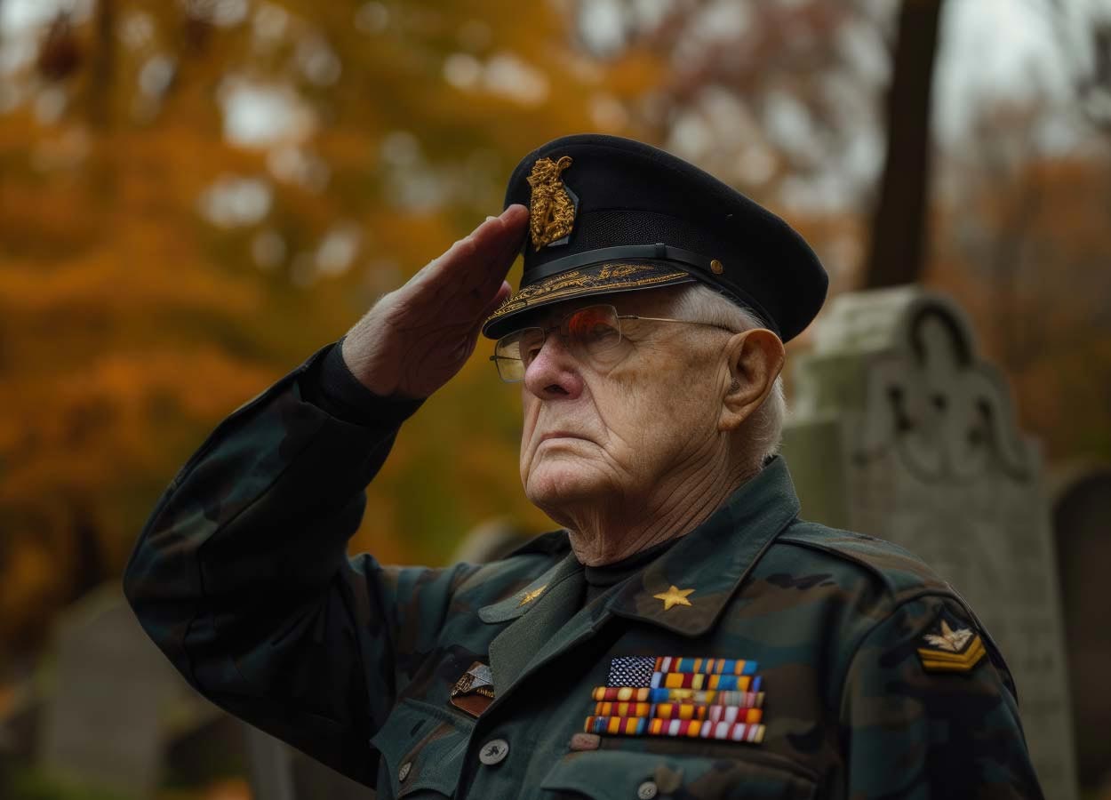 A retired veteran with Tricare for Life in full regalia salutes the American flag