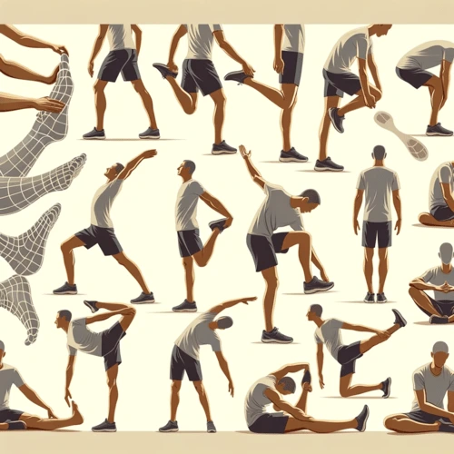 The image showcasing various stretching techniques for the feet is ready. It visually represents different stretches such as toe curls, ankle circles, heel raises, and arch stretches, each demonstrated in a clear, easy-to-follow posture.