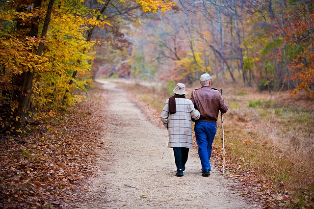 elderly couple walking