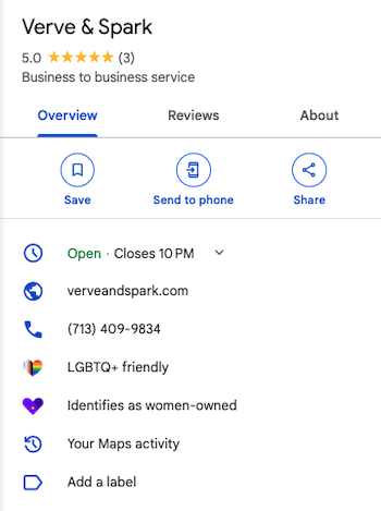 Google Business Listing for Verve & Spark Google Business Listing for Verve & Spark