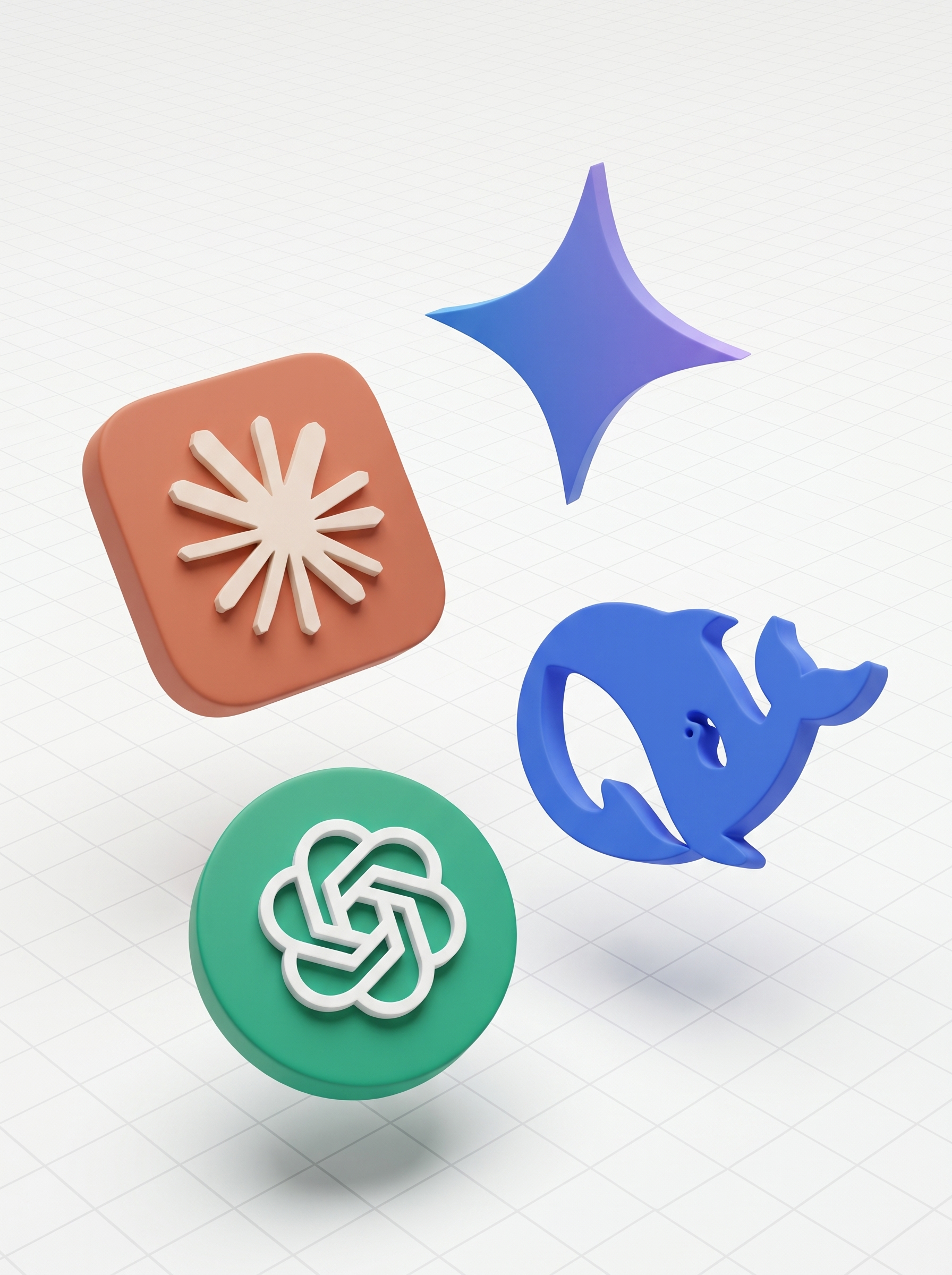Logos das principais IAs do mercado: OpenAI, Claude, Gemini e DeepSeek