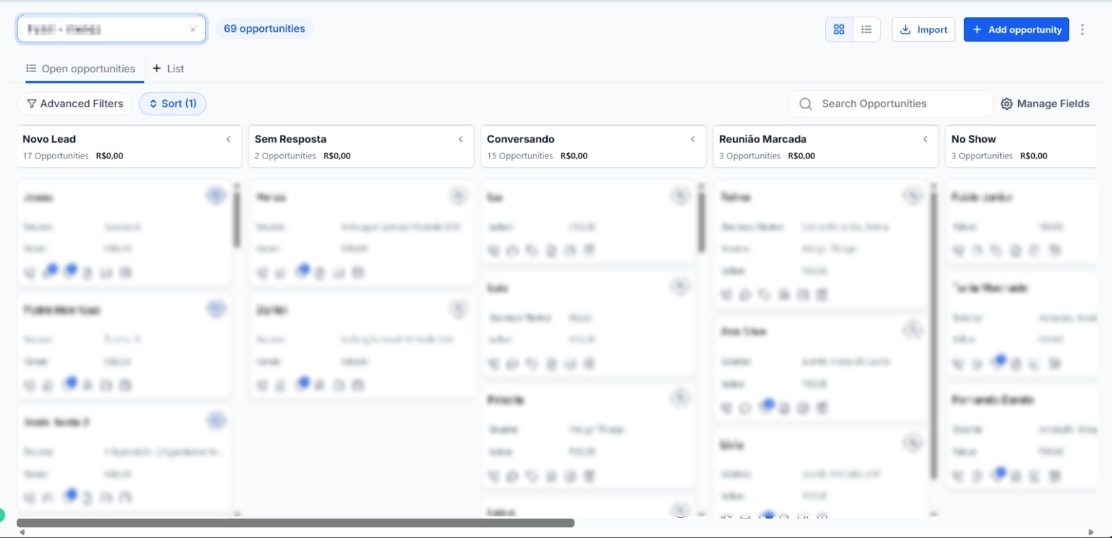 Funil de oportunidades do GHL com leads organizados por estágio