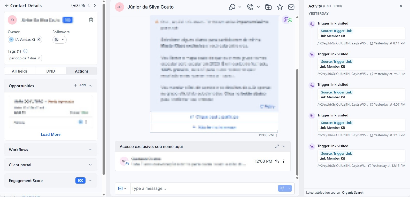 Ficha do contato no GHL com a IA como responsável e a linha do tempo de interações