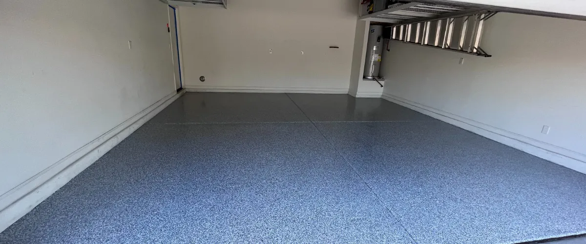 Garage with epoxy floor and elevated step platform