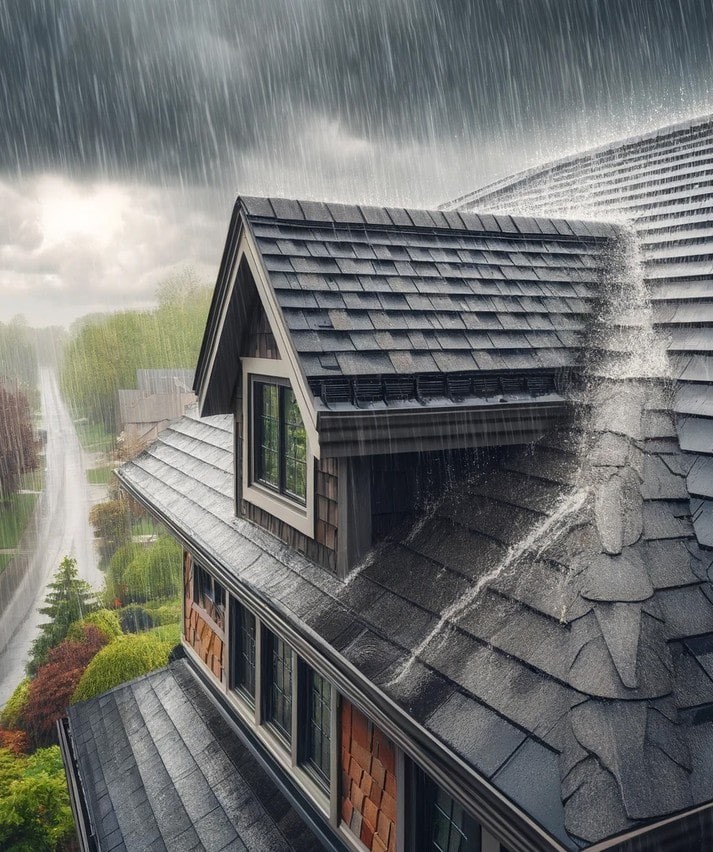 a shingle roofing facing a heavy storm