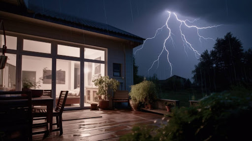 A house at night while and the weather is raining and has thunder storm