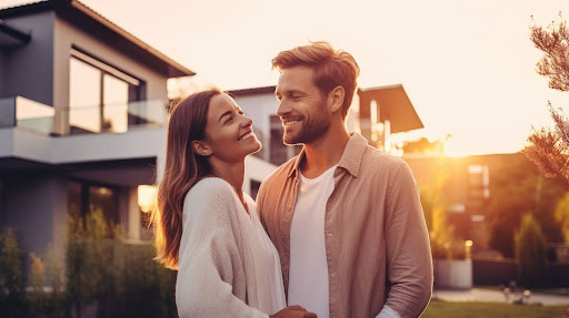 a happy couple with the subtle house background
