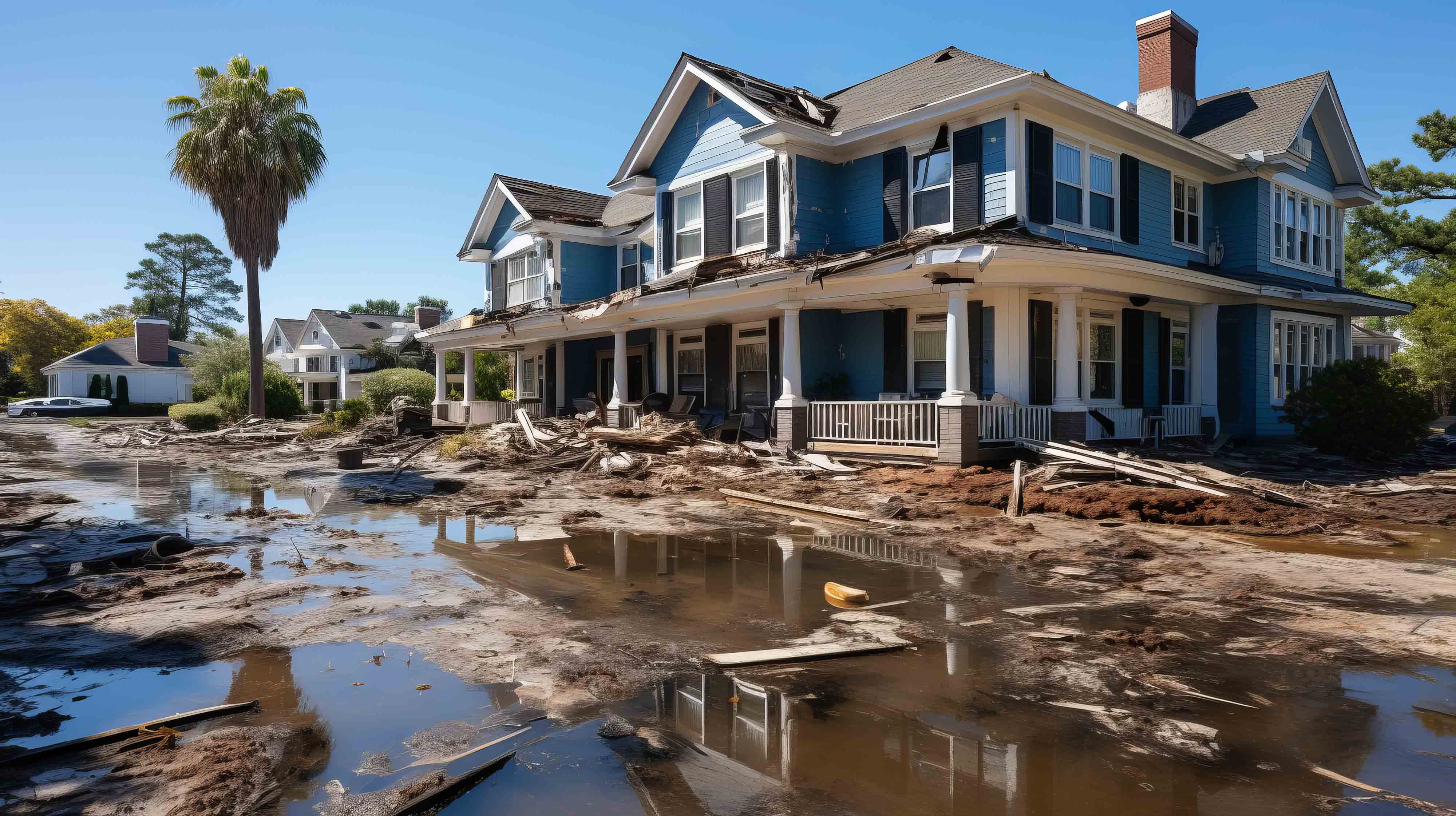 Houses and palm trees submerged in floodwater in a residential area.