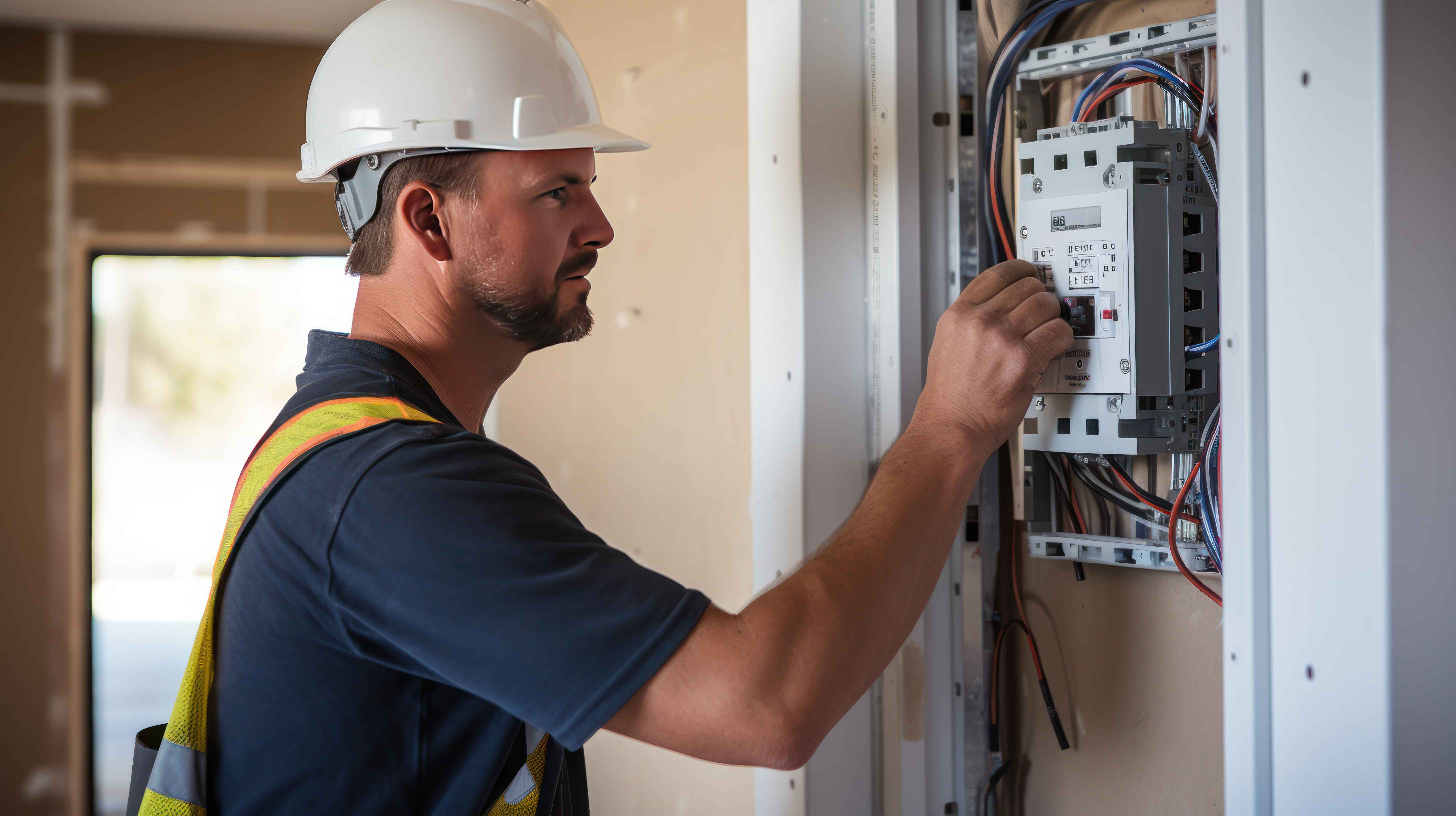 A man in a hard hat and safety vest working on an electrical panel.