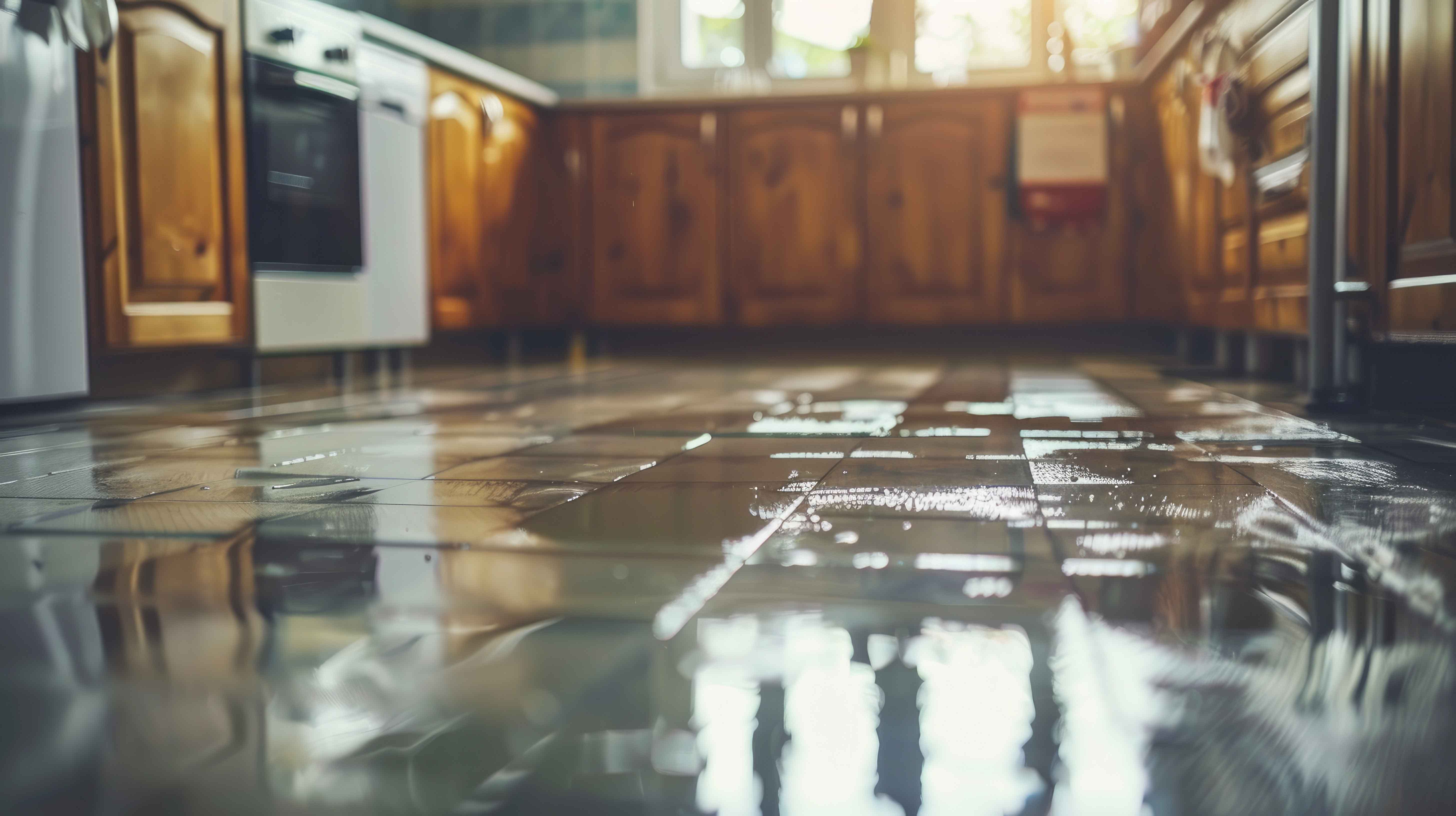 A flooded kitchen area
