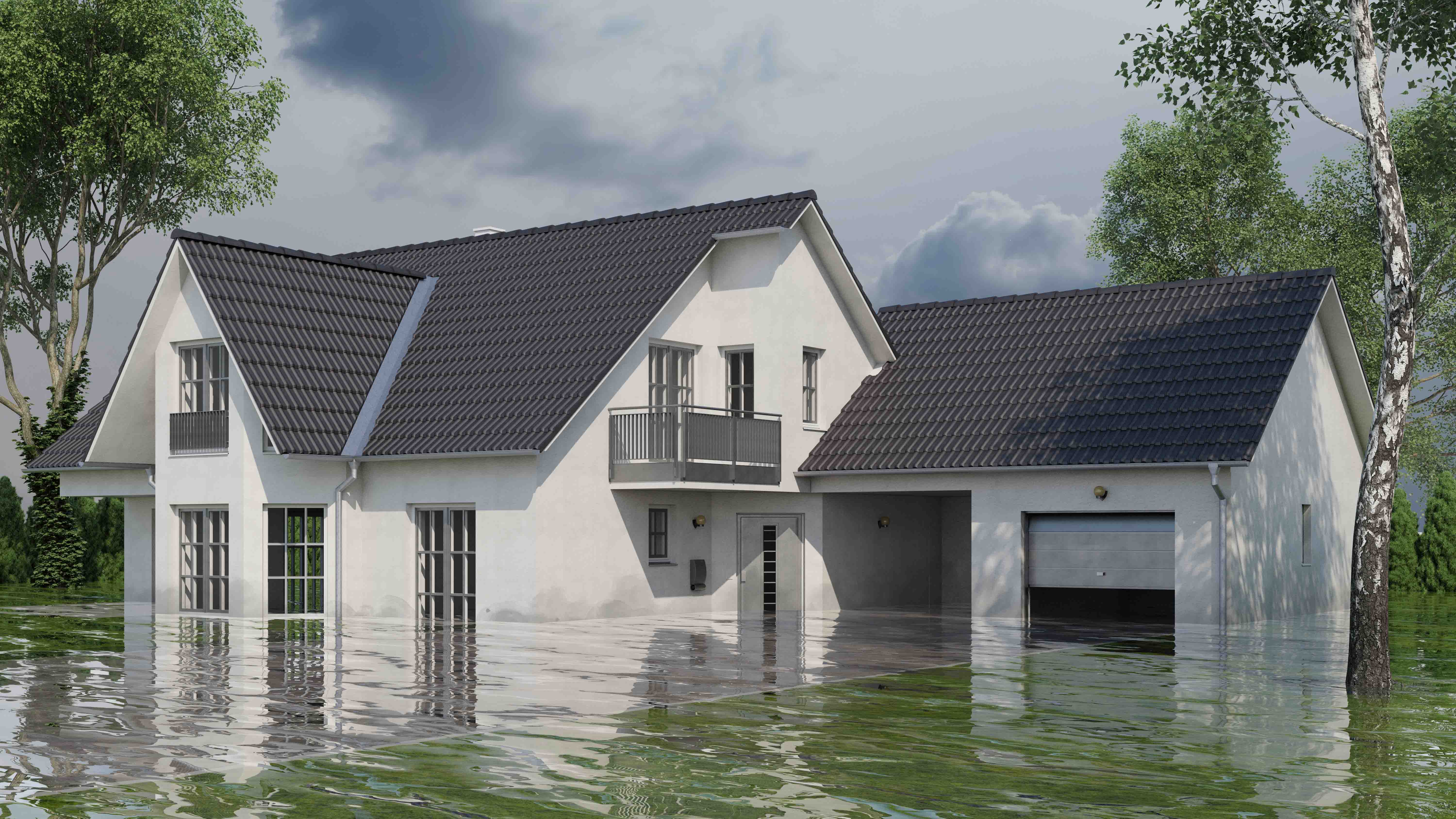  House submerged in water, trees standing in the flooded area.