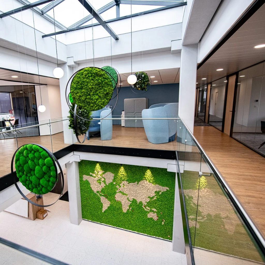 Custom green moss wall installed in Milwaukee wellness center