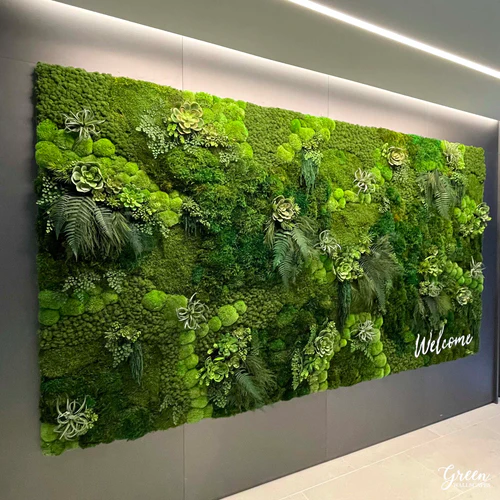Modern moss wall art featuring preserved reindeer moss in geometric layout